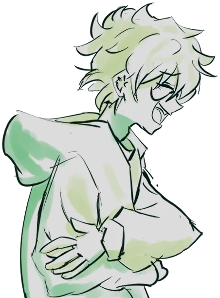 Hand-drawn illustration of the site owner in profile, laughing with glasses, wearing a hoodie with arms crossed, in green and white line and wash