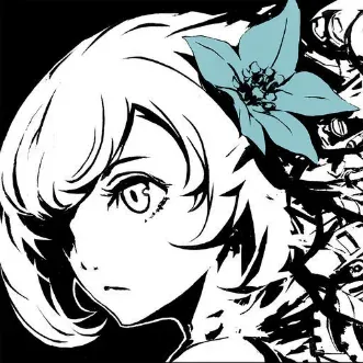 Black-and-white portrait of a girl with a blue flower in her hair, from Cytus II artwork.