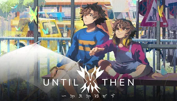 Key art for Until Then: two teenagers sit together under a bus shelter in the rain, with the game logo below.